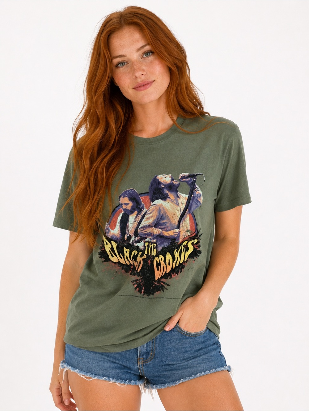 The Black Crowes Band Tee Tour Shirt Rock Concert Graphic T Shirt Olive Green